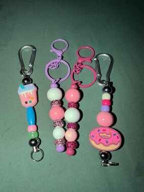 Pink & Purple Beaded Keychain Set with Donut & milkshake charms